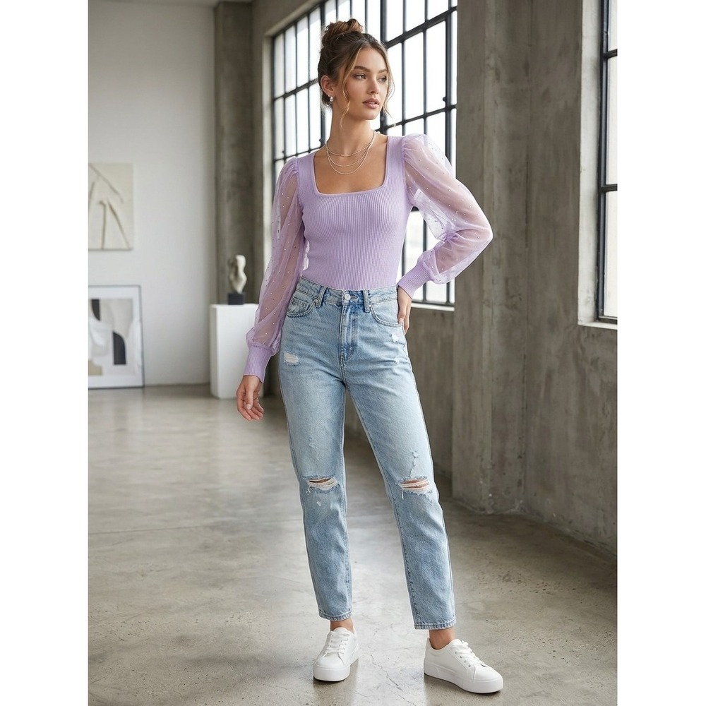 Madden Girl Lilac Purple Ribbed Top S Mesh Puff Rhinestone Sleeve Square Neck